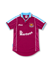 West Ham United 1999/01 claret home jersey with sky-blue shoulder stripes, FILA logo, club crest, and white Dr. Martens sponsor, front view.