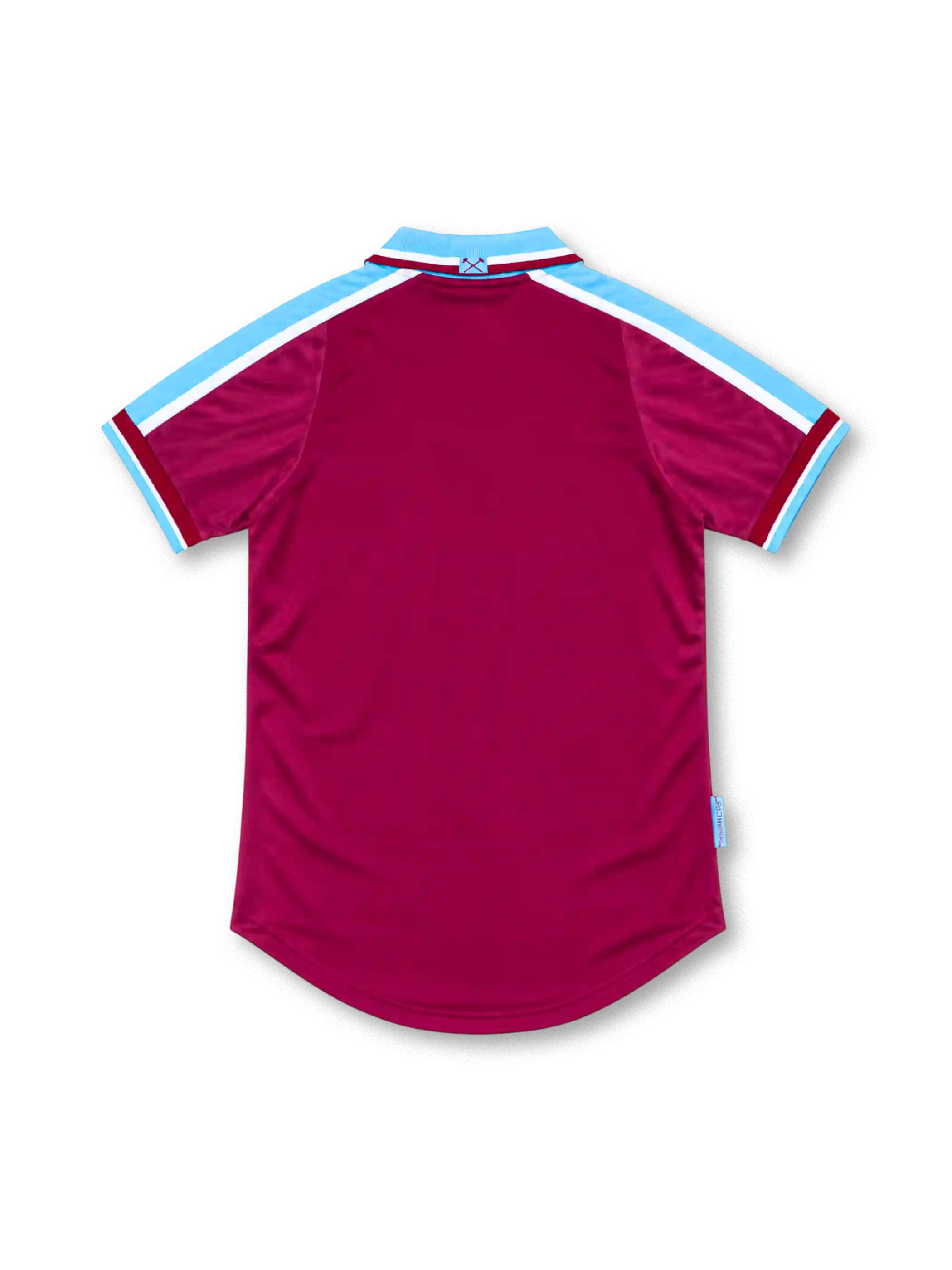 West Ham United 1999/01 claret home jersey with sky-blue shoulder stripes, FILA logo, club crest, and white Dr. Martens sponsor, front view.