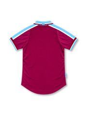 West Ham United 1999/01 claret home jersey with sky-blue shoulder stripes, FILA logo, club crest, and white Dr. Martens sponsor, front view.