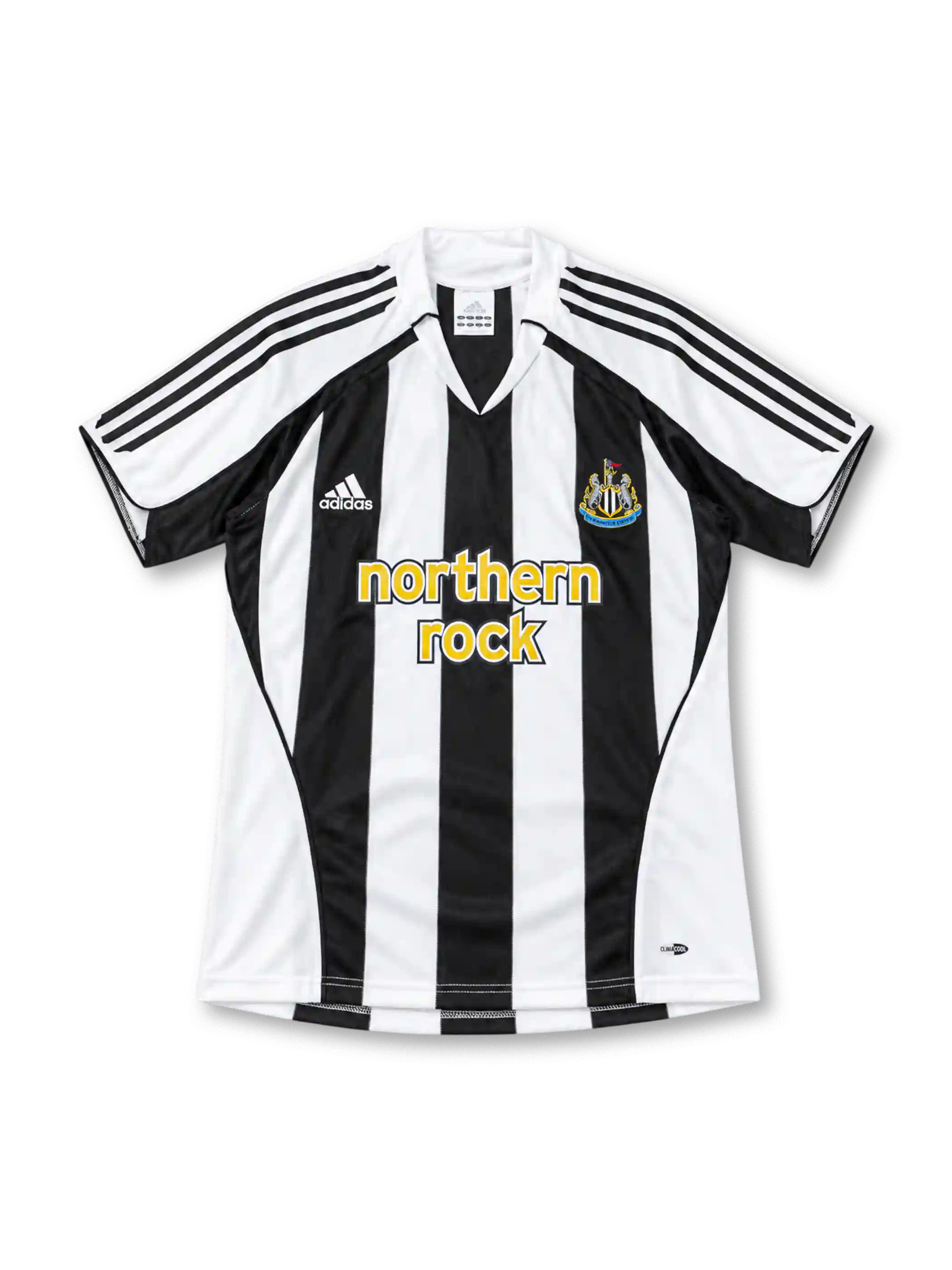 Newcastle United 2005/06 black-and-white striped home jersey featuring adidas shoulder stripes, Northern Rock sponsor, and club crest, front view.