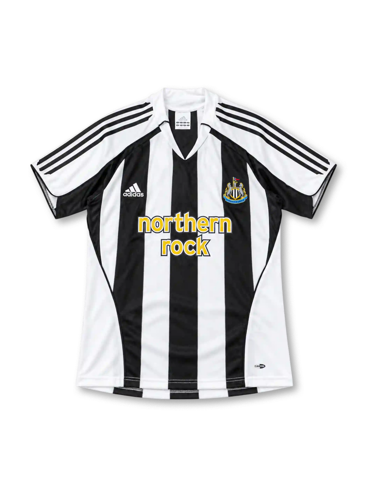 Newcastle United 2005/06 black-and-white striped home jersey featuring adidas shoulder stripes, Northern Rock sponsor, and club crest, front view.