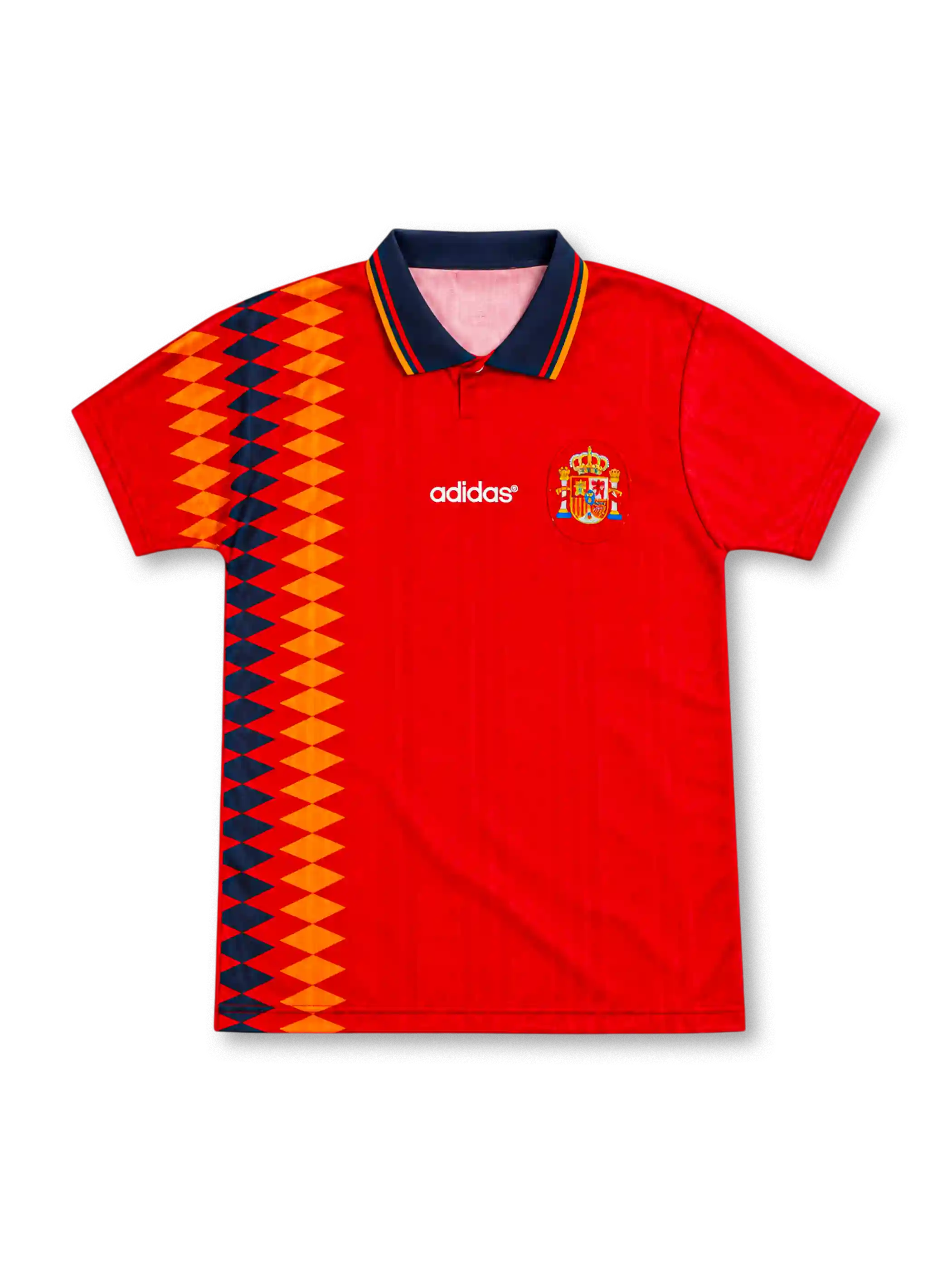 Spain 1994 red home jersey featuring adidas branding, Spanish national crest, navy-and-gold geometric side graphics, and a striped polo collar, front view.