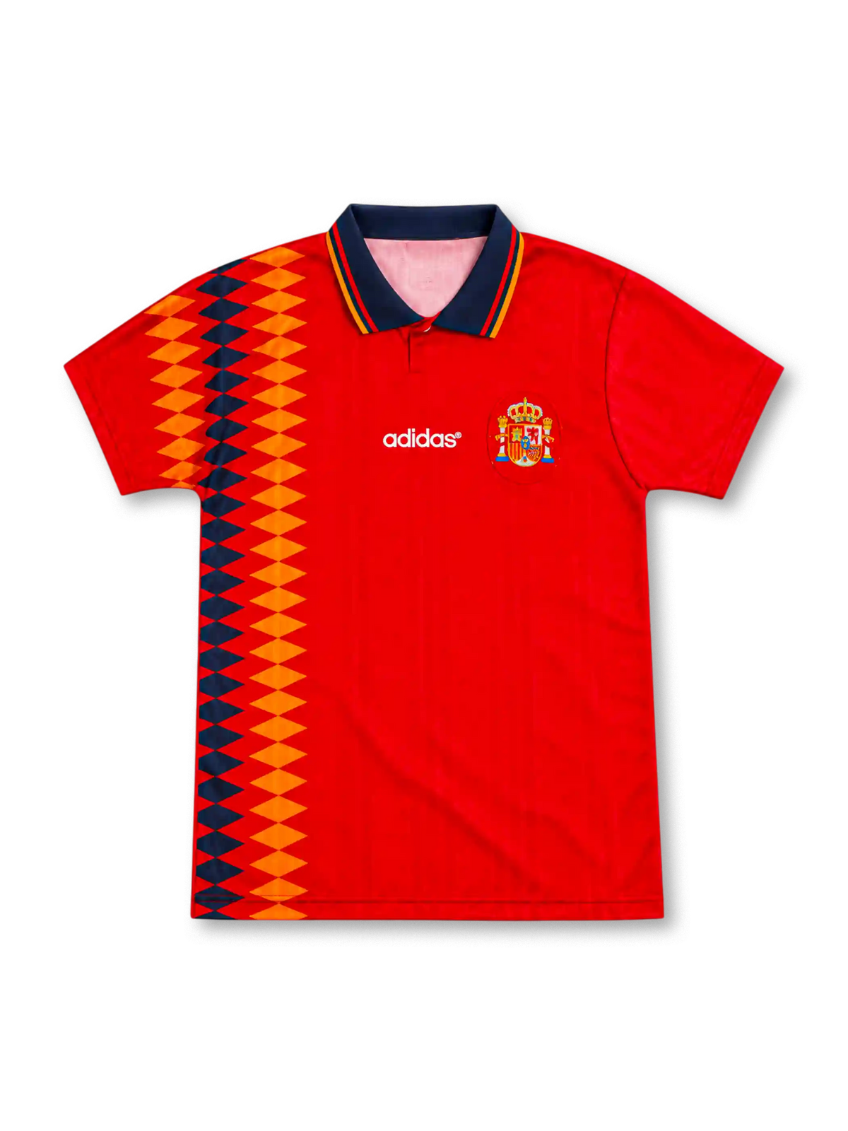 Spain 1994 red home jersey featuring adidas branding, Spanish national crest, navy-and-gold geometric side graphics, and a striped polo collar, front view.