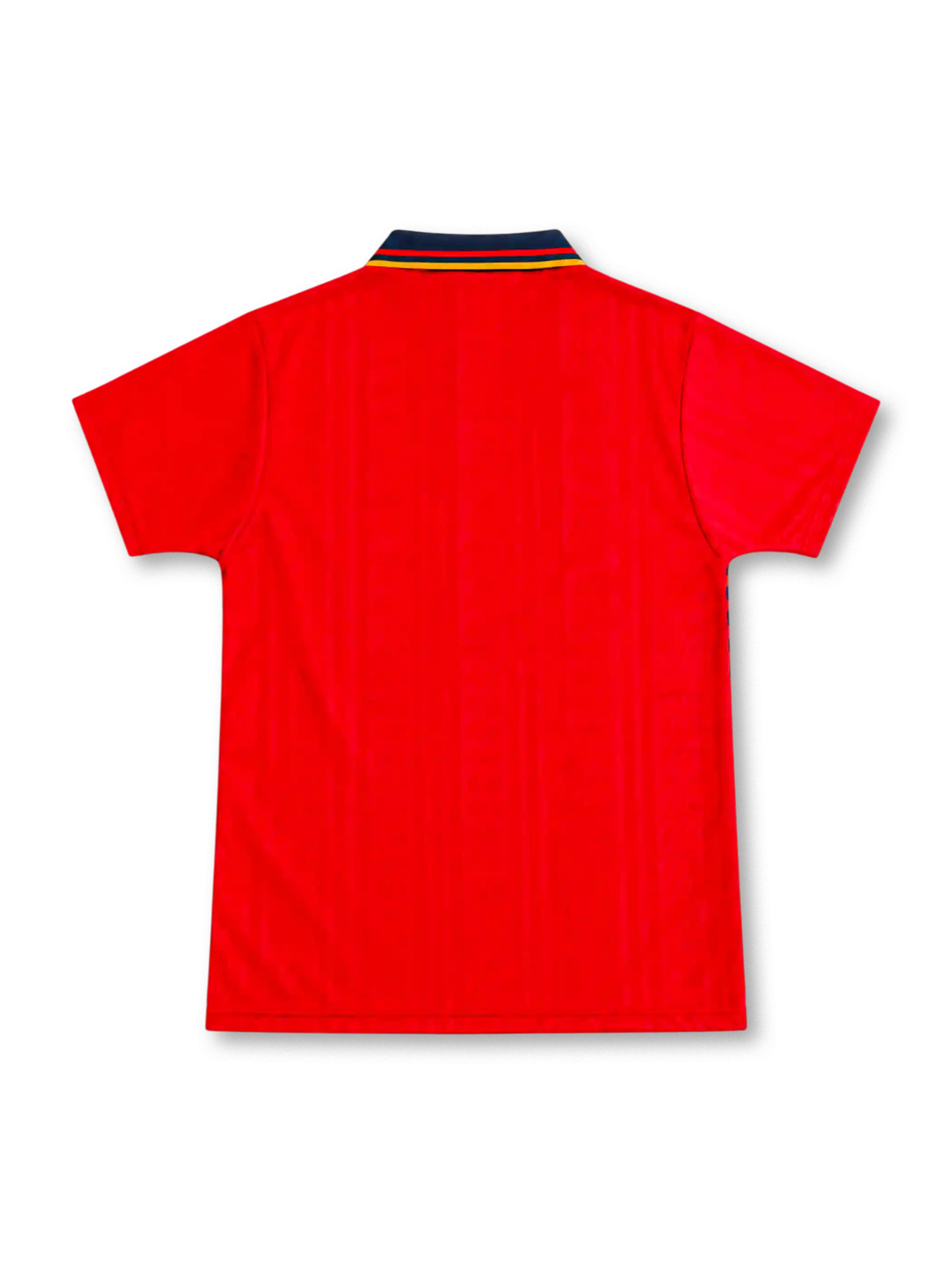 Spain 1994 red home jersey featuring adidas branding, Spanish national crest, navy-and-gold geometric side graphics, and a striped polo collar, front view.