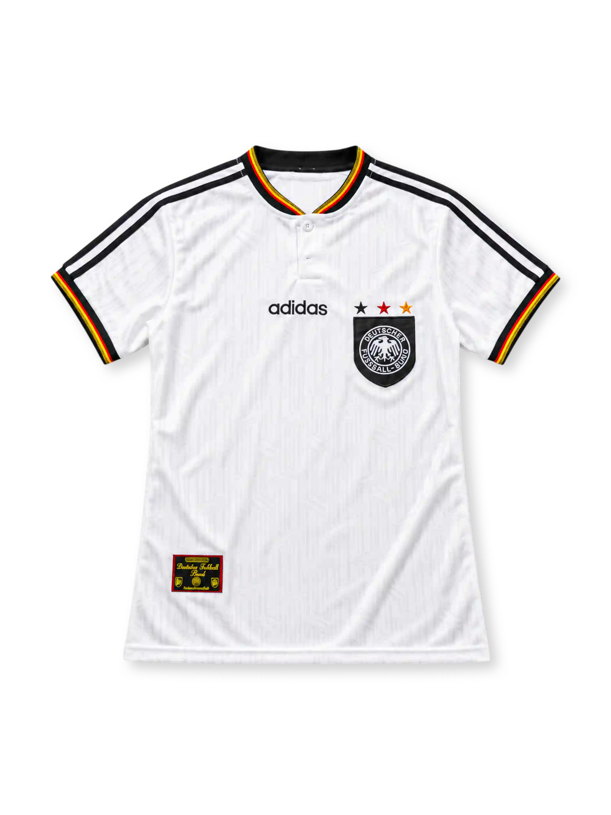 Germany 1996 white home jersey featuring black adidas shoulder stripes, DFB crest with three stars, and black-red-gold collar and sleeve trim, front view.