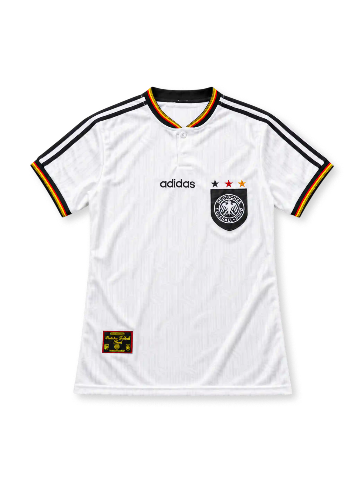 Germany 1996 white home jersey featuring black adidas shoulder stripes, DFB crest with three stars, and black-red-gold collar and sleeve trim, front view.