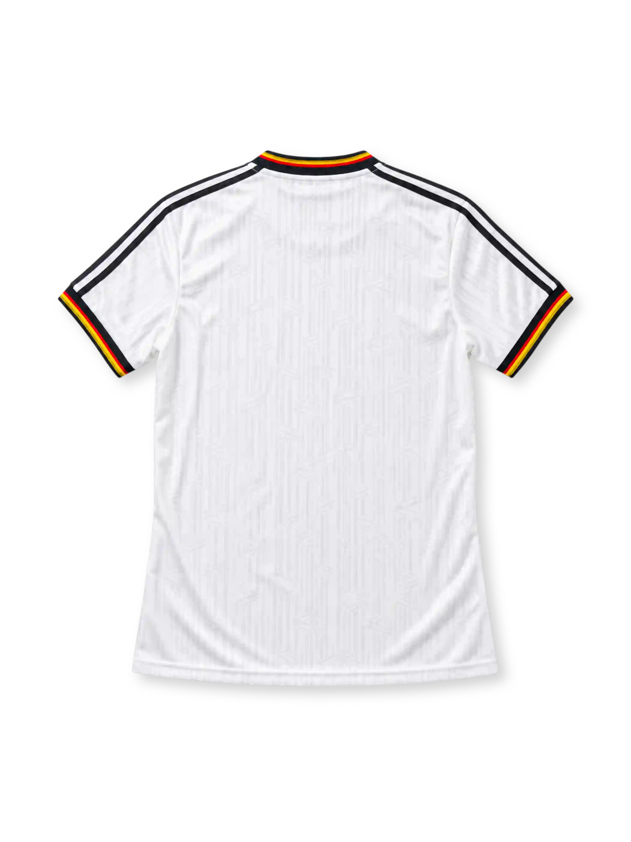 Germany 1996 white home jersey featuring black adidas shoulder stripes, DFB crest with three stars, and black-red-gold collar and sleeve trim, front view.