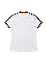Germany 1996 white home jersey featuring black adidas shoulder stripes, DFB crest with three stars, and black-red-gold collar and sleeve trim, front view.