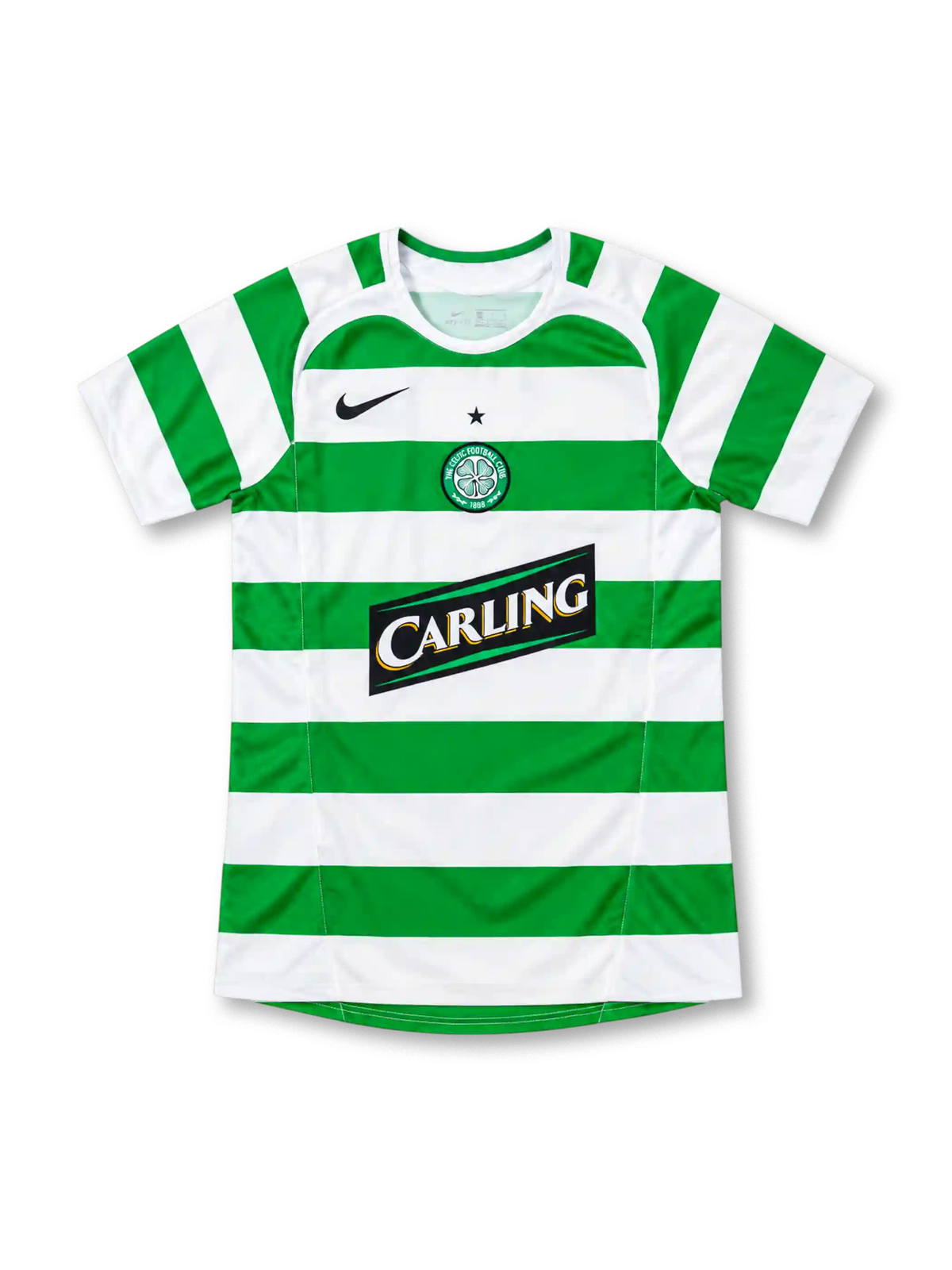 Celtic 2005/06 green-and-white hooped home jersey with black Nike Swoosh, circular club crest, and diagonal Carling sponsor, front view.