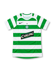 Celtic 2005/06 green-and-white hooped home jersey with black Nike Swoosh, circular club crest, and diagonal Carling sponsor, front view.