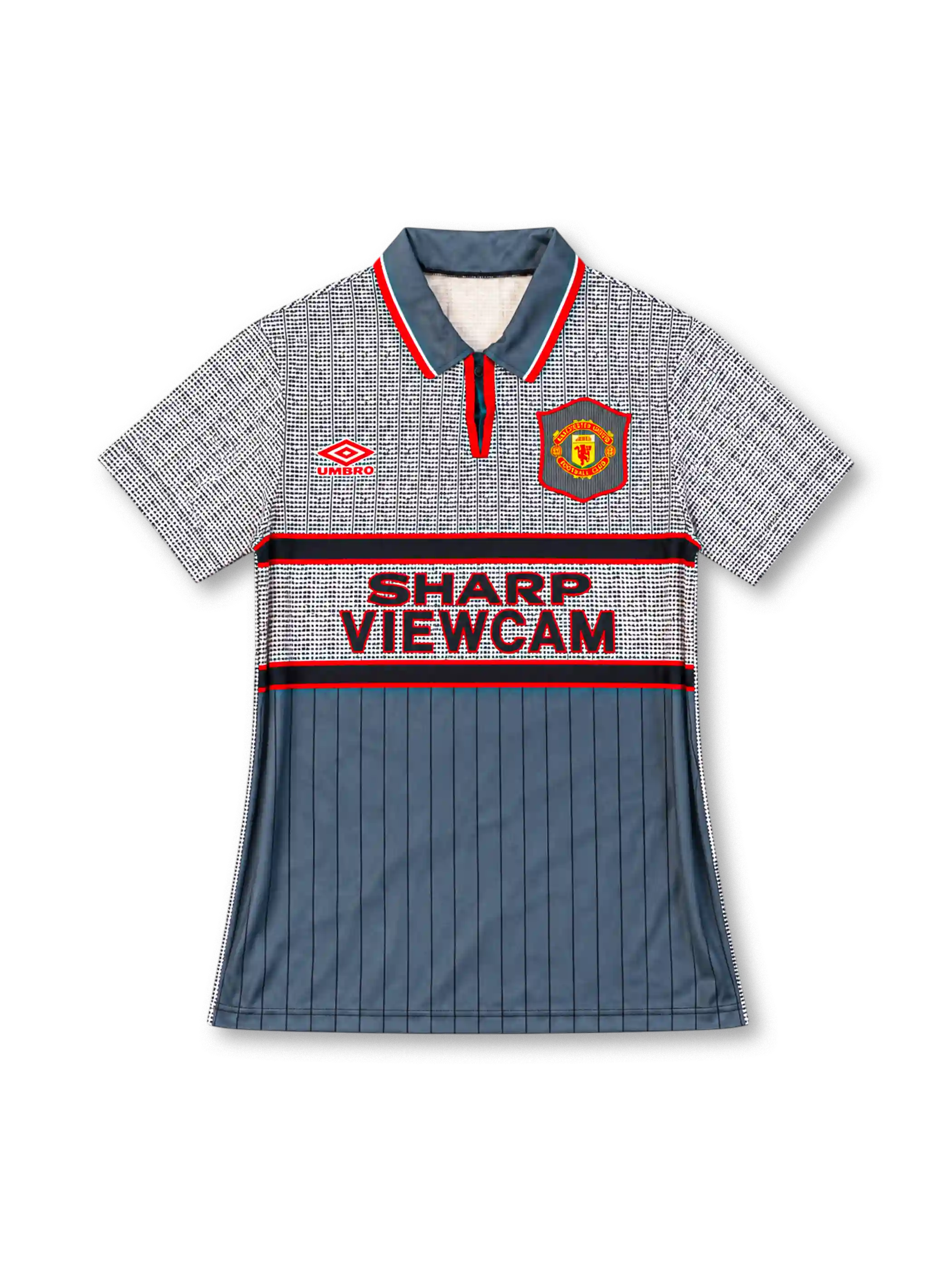 Manchester United 1995/96 grey third jersey with patterned upper panels, red Umbro logo, club crest, and Sharp Viewcam sponsor, front view.