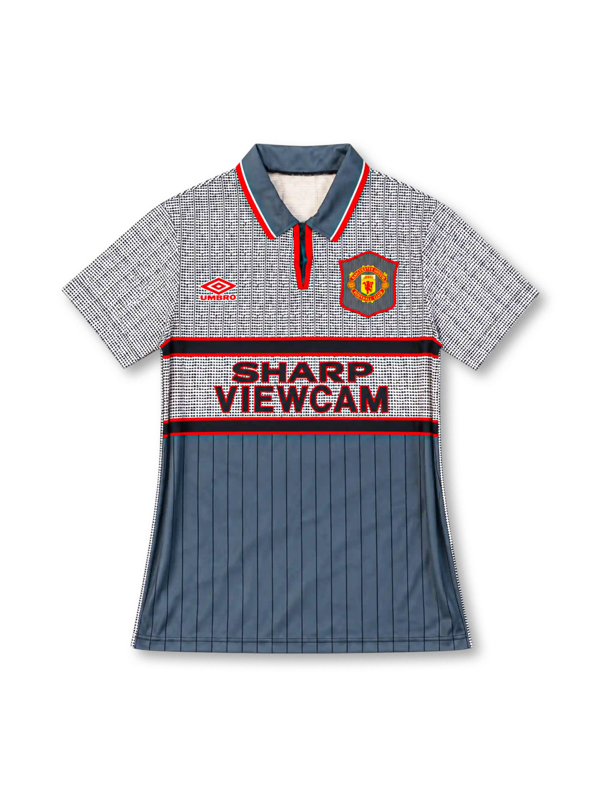 Manchester United 1995/96 grey third jersey with patterned upper panels, red Umbro logo, club crest, and Sharp Viewcam sponsor, front view.