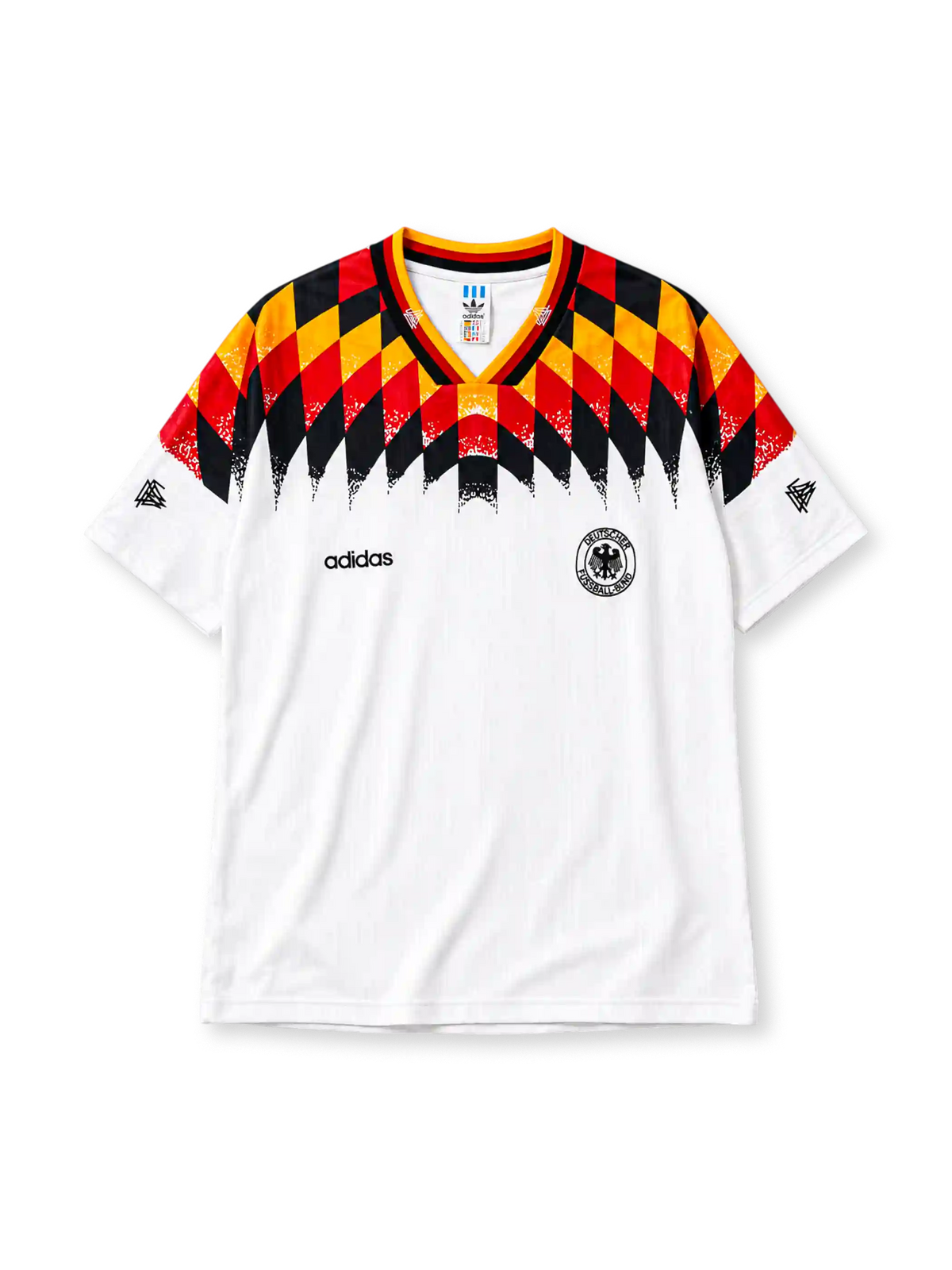 Germany 1994 World Cup home jersey with black, red, and gold diamond-pattern yoke and DFB eagle crest