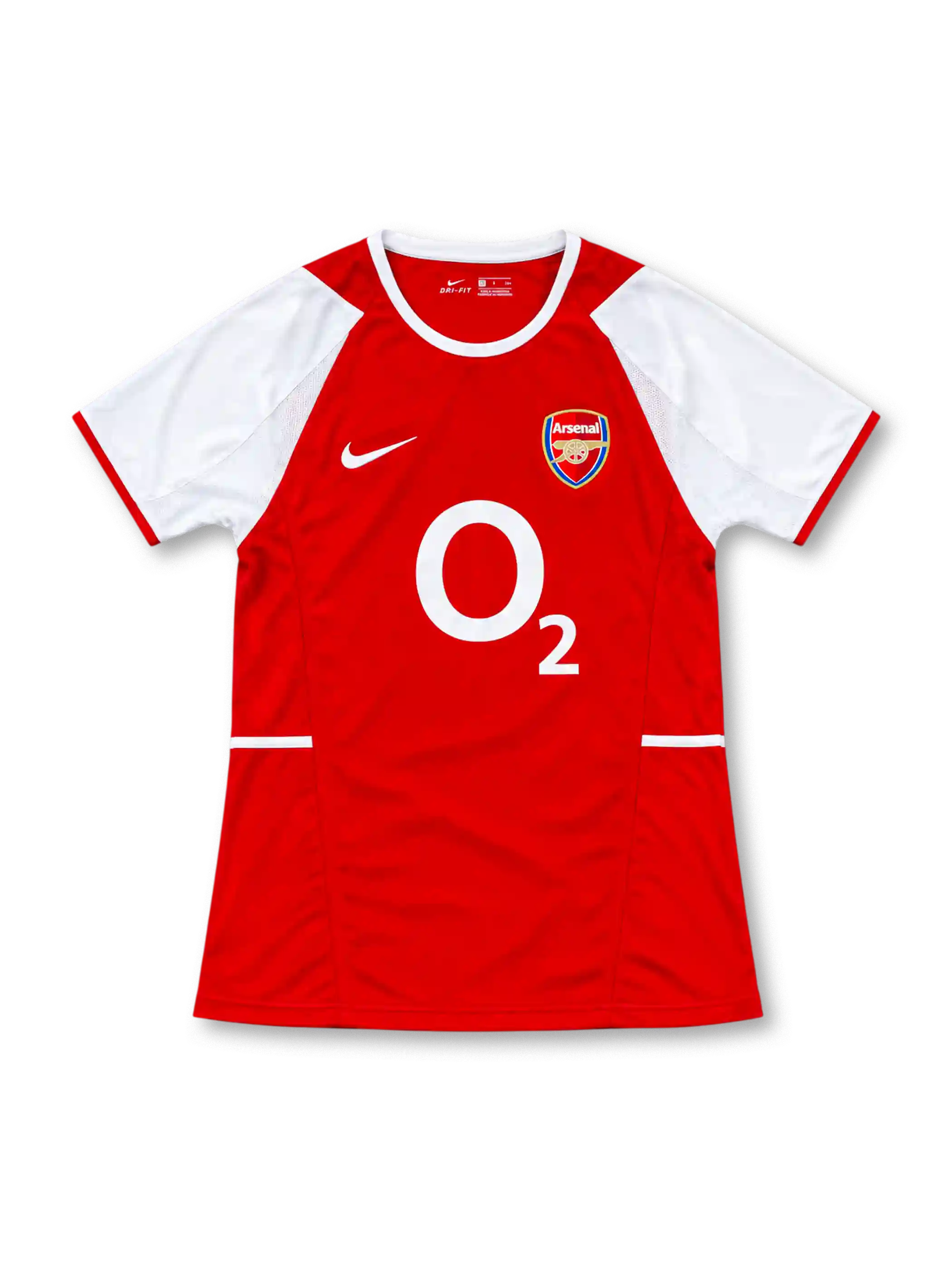 Arsenal 2002/04 red home jersey with white sleeves, Nike Swoosh, Arsenal cannon crest, and large white O2 sponsor, front view.