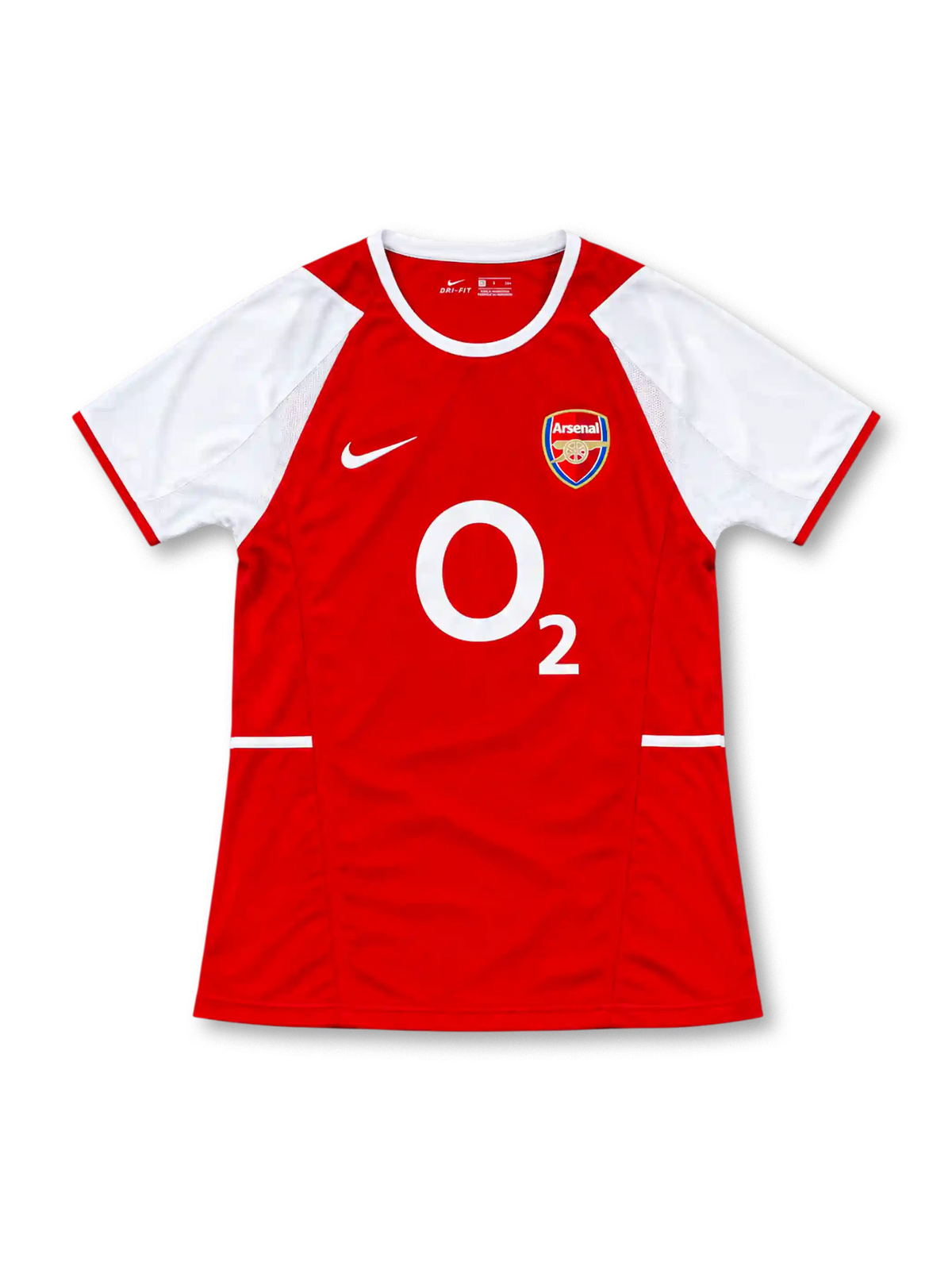 Arsenal 2002/04 red home jersey with white sleeves, Nike Swoosh, Arsenal cannon crest, and large white O2 sponsor, front view.