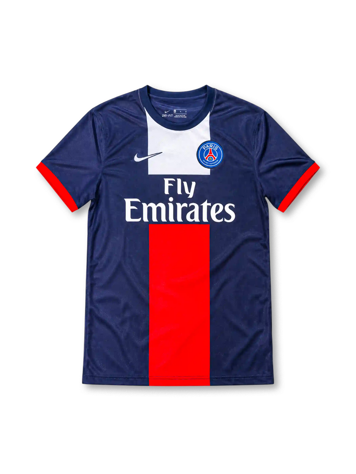 Paris Saint-Germain 2013/14 navy home jersey featuring red-and-white central panels, Nike Swoosh, PSG crest, and Fly Emirates sponsor, front view.