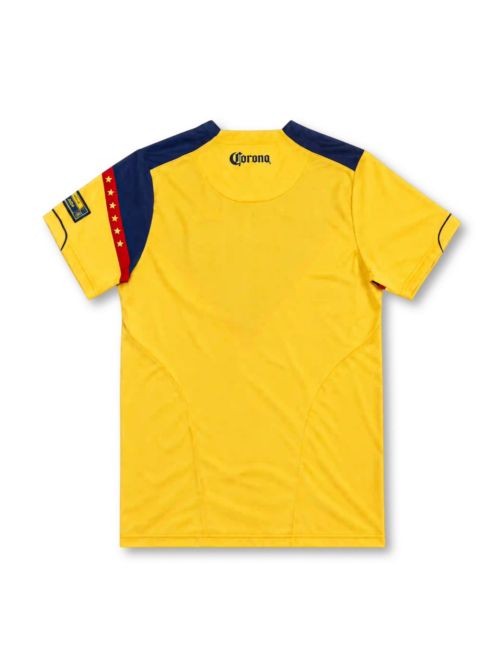 Club América 2006 yellow home jersey featuring a navy-and-red chest chevron, red Nike Swoosh, club crest, Bimbo and Coca-Cola logos, front view.