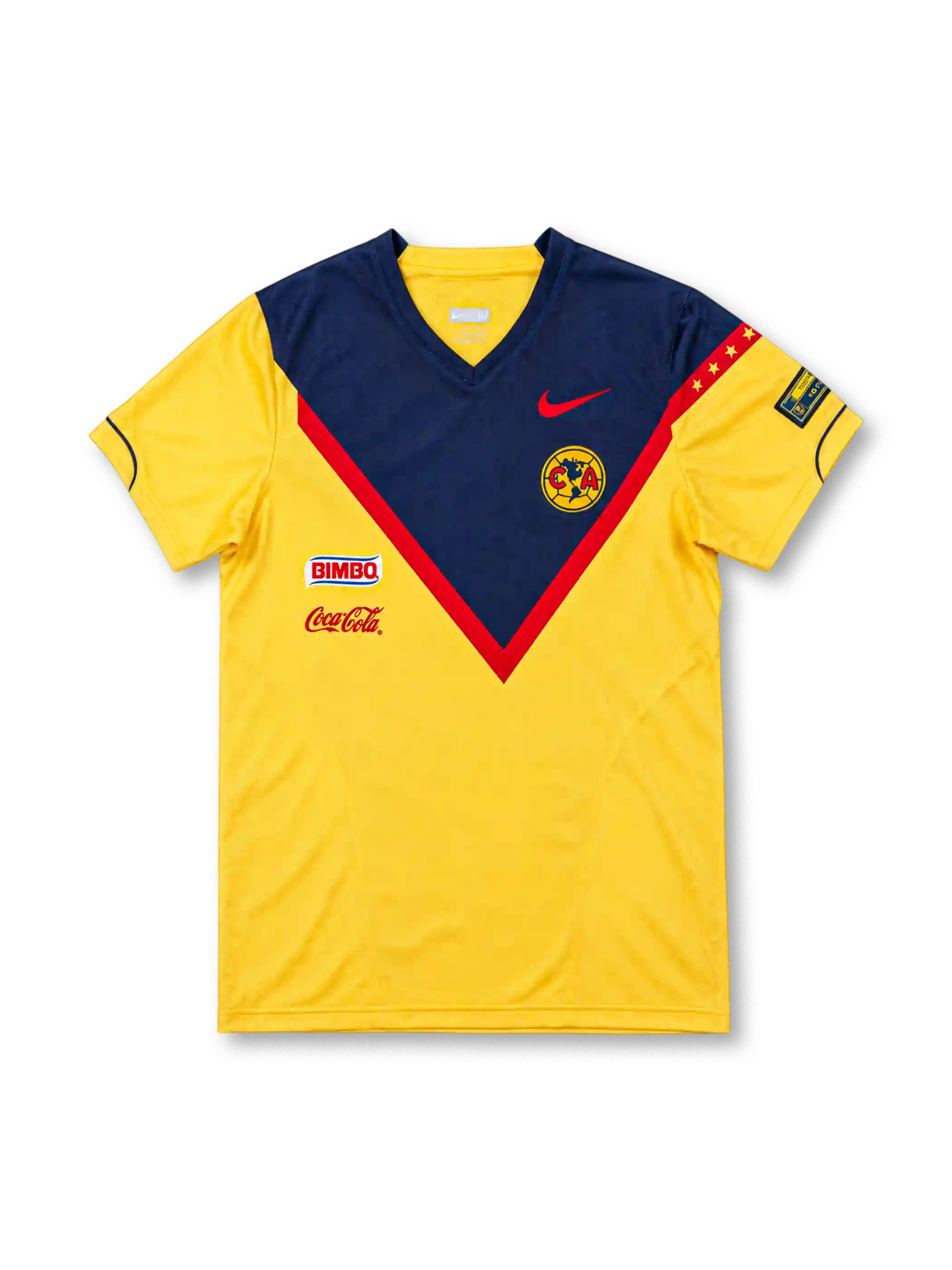 Club América 2006 yellow home jersey featuring a navy-and-red chest chevron, red Nike Swoosh, club crest, Bimbo and Coca-Cola logos, front view.