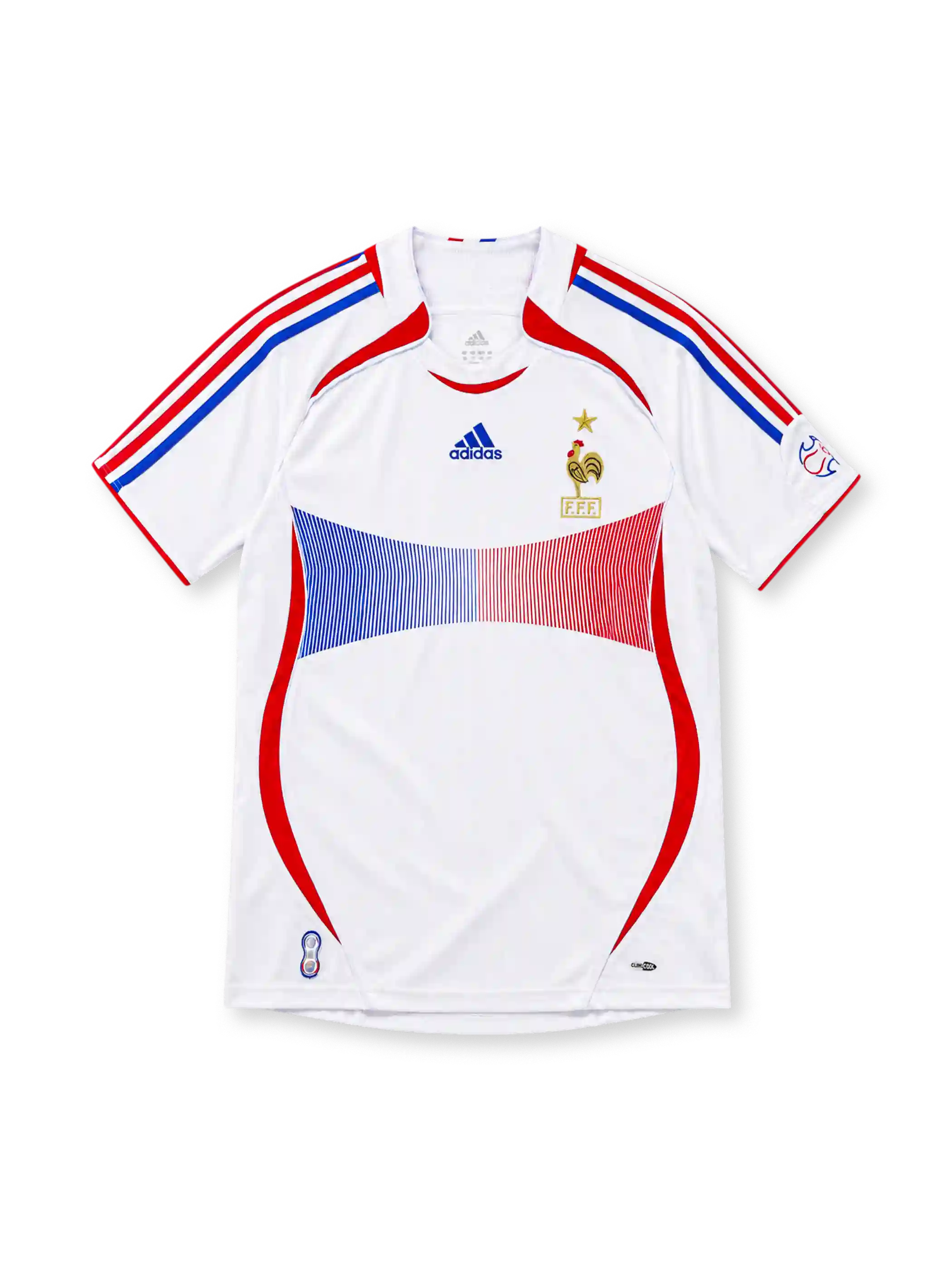 France 2006 white away jersey featuring blue-and-red chest graphics, adidas shoulder stripes, gold FFF crest, and red side panels, front view.