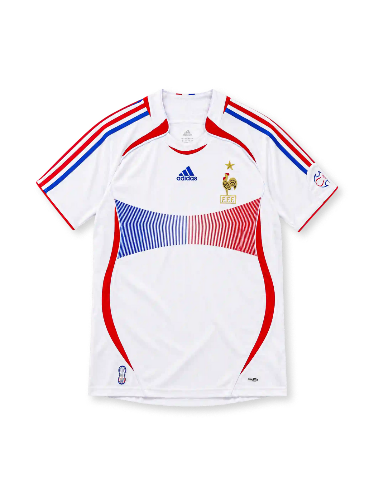 France 2006 white away jersey featuring blue-and-red chest graphics, adidas shoulder stripes, gold FFF crest, and red side panels, front view.