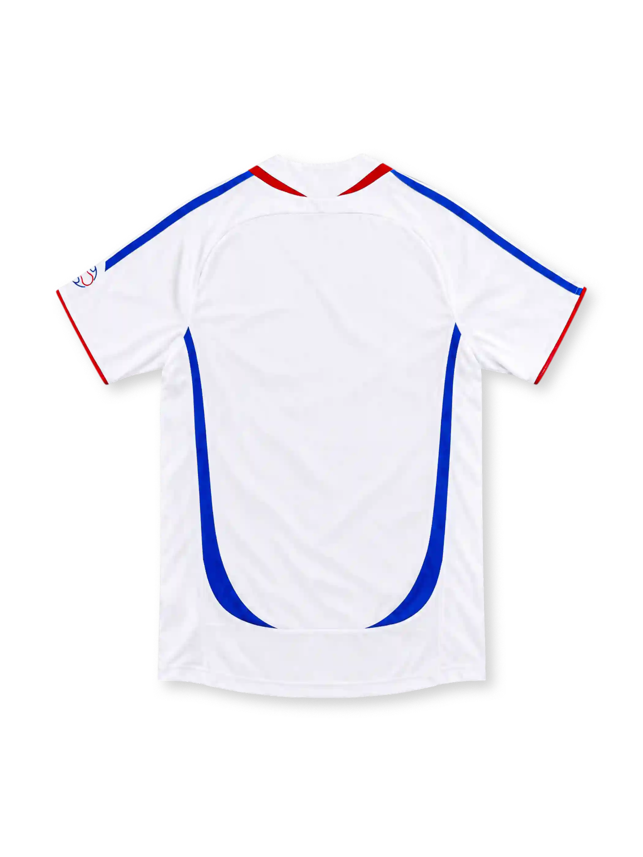 France 2006 white away jersey featuring blue-and-red chest graphics, adidas shoulder stripes, gold FFF crest, and red side panels, front view.