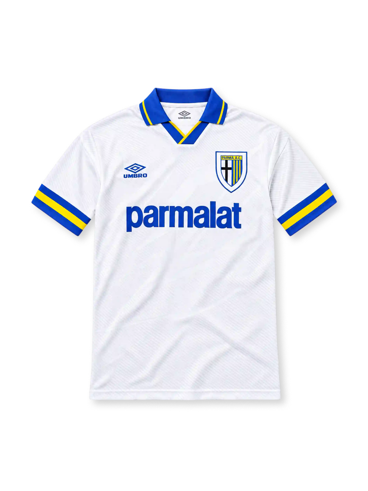Parma 1993/95 white away jersey featuring blue Umbro branding, Parma A.C. crest, blue-and-yellow collar and sleeve trim, and Parmalat sponsor, front view.