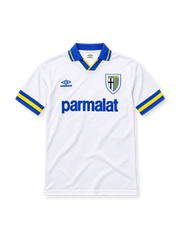 Parma 1993/95 white away jersey featuring blue Umbro branding, Parma A.C. crest, blue-and-yellow collar and sleeve trim, and Parmalat sponsor, front view.