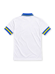 Parma 1993/95 white away jersey featuring blue Umbro branding, Parma A.C. crest, blue-and-yellow collar and sleeve trim, and Parmalat sponsor, front view.