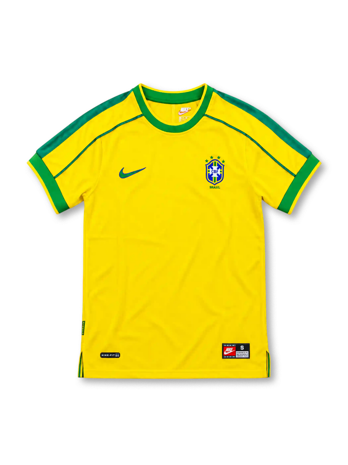 Brazil 1998 yellow home jersey featuring green collar and sleeve trim, Nike Swoosh, and CBF crest with four stars, front view.