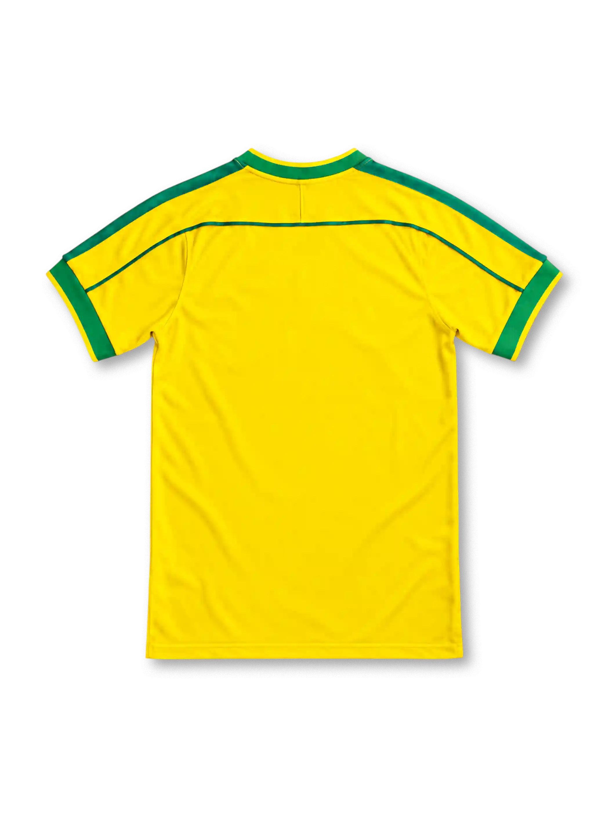 Brazil 1998 yellow home jersey featuring green collar and sleeve trim, Nike Swoosh, and CBF crest with four stars, front view.