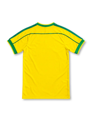 Brazil 1998 yellow home jersey featuring green collar and sleeve trim, Nike Swoosh, and CBF crest with four stars, front view.