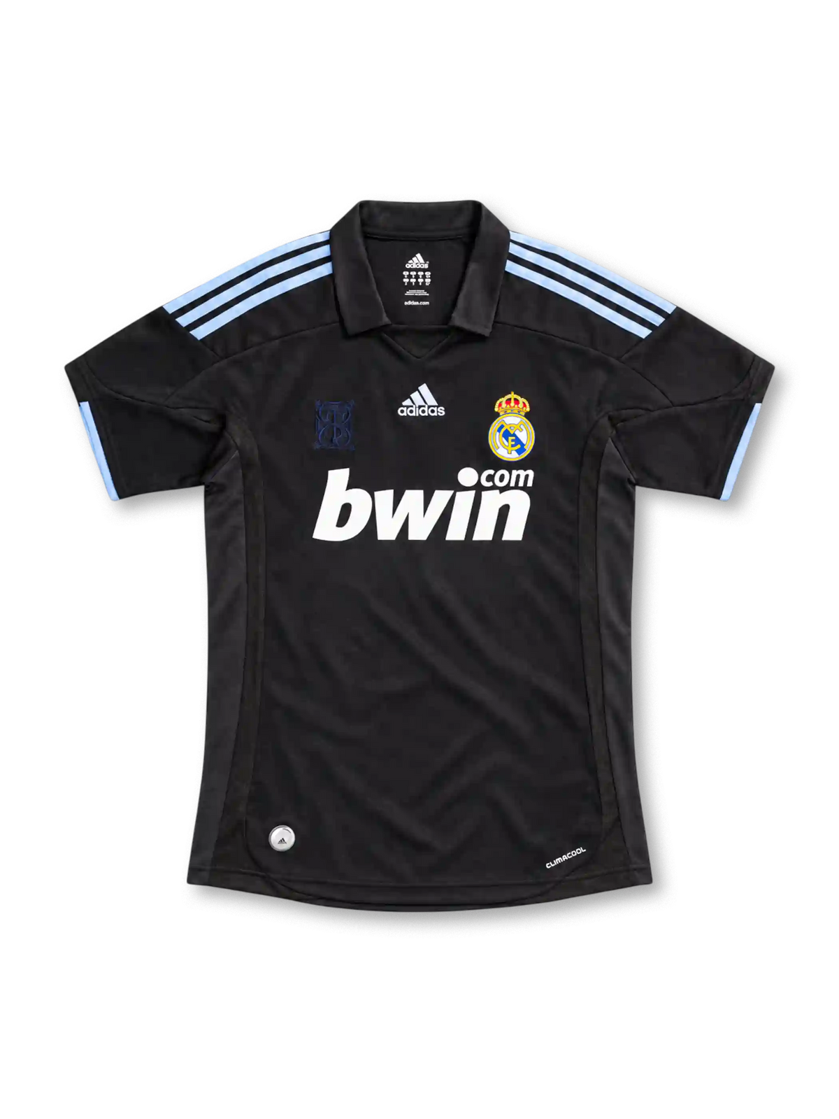 Real Madrid 2009/10 black away jersey featuring pale-blue adidas shoulder stripes, white bwin.com sponsor, and crowned club crest, front view.