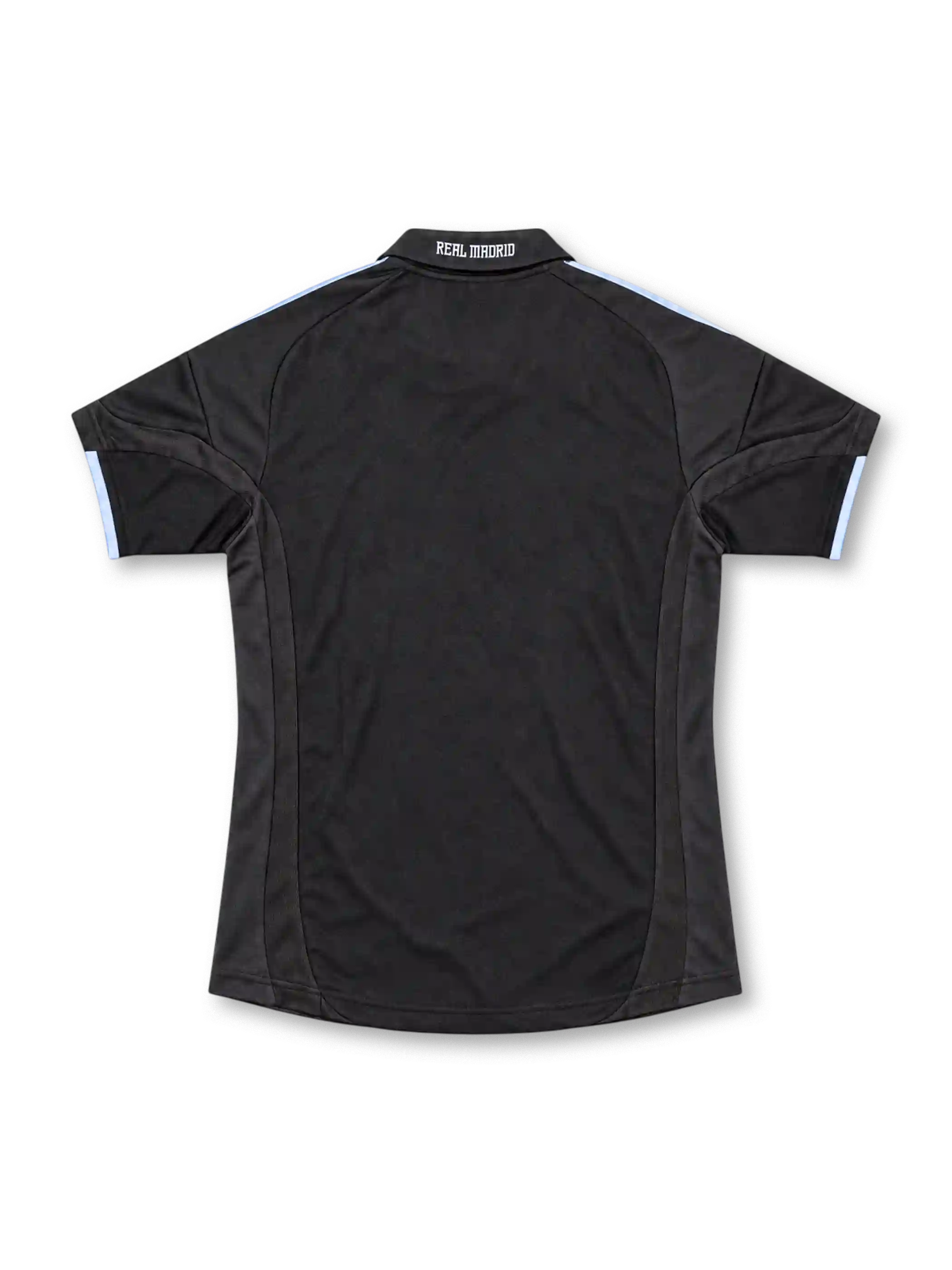 Real Madrid 2009/10 black away jersey featuring pale-blue adidas shoulder stripes, white bwin.com sponsor, and crowned club crest, front view.