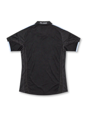 Real Madrid 2009/10 black away jersey featuring pale-blue adidas shoulder stripes, white bwin.com sponsor, and crowned club crest, front view.