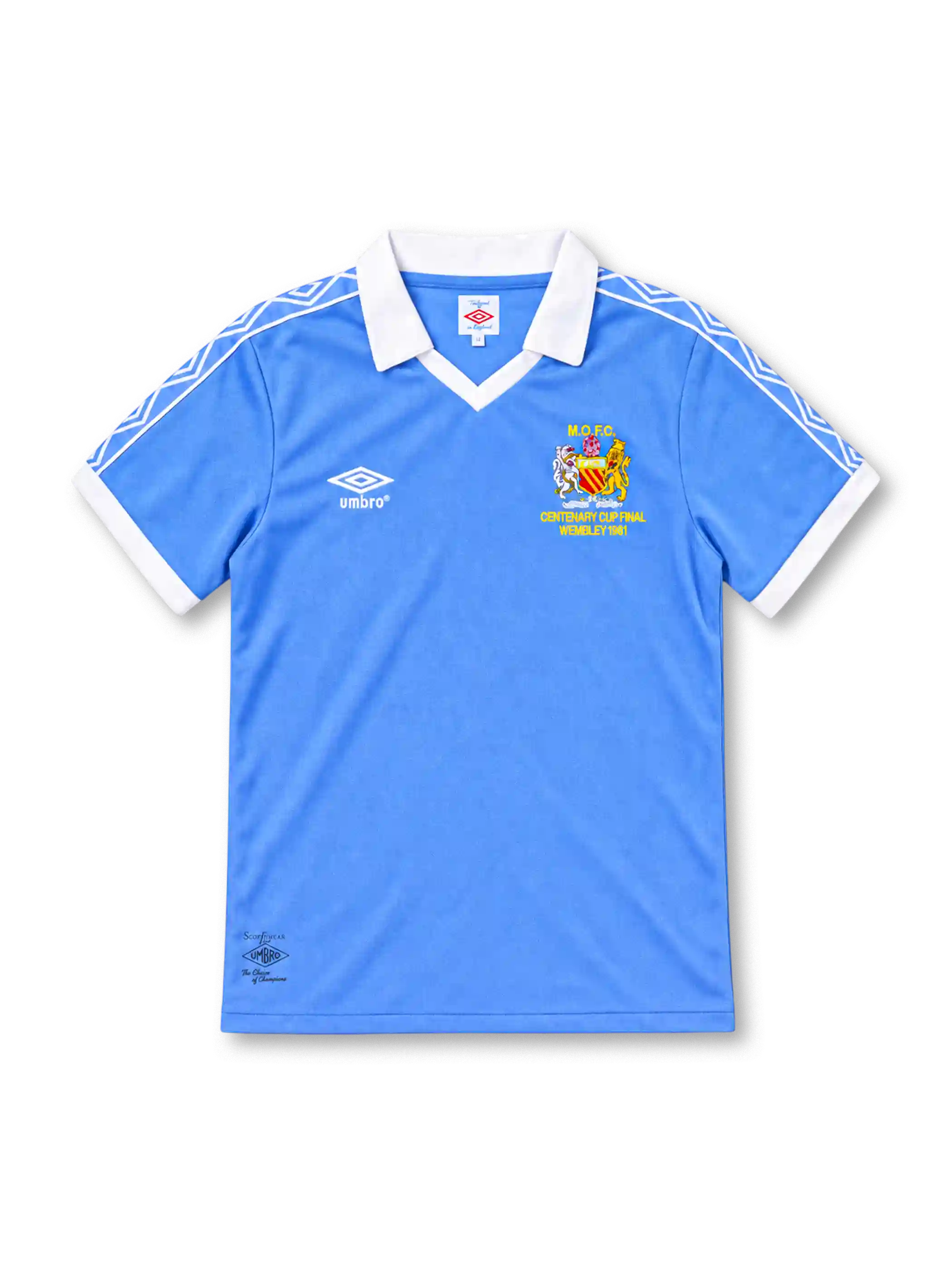 Manchester City 1981/82 sky-blue home jersey featuring a white polo collar, Umbro logo, geometric shoulder stripes, and Wembley 1981 commemorative crest, front view.