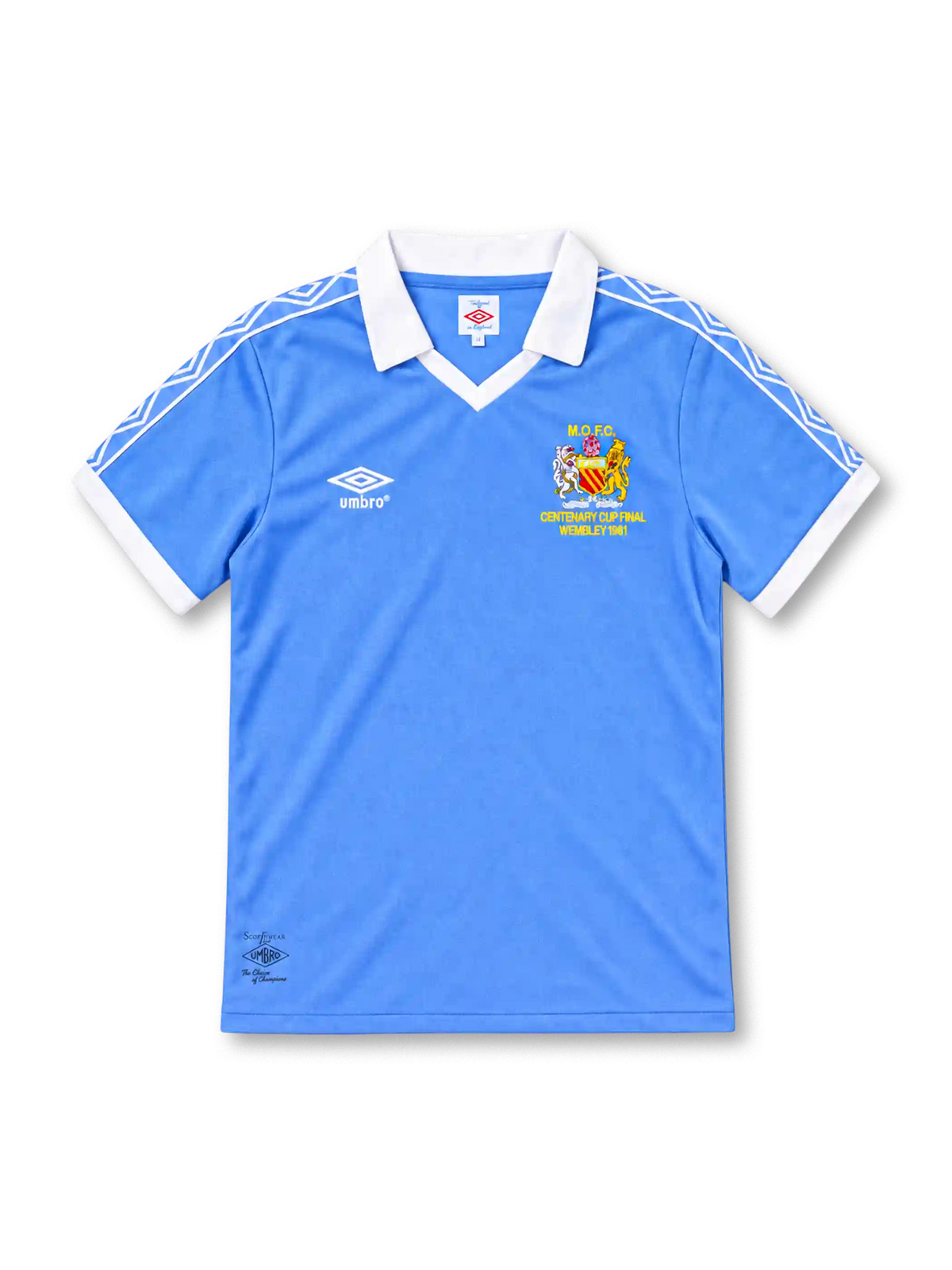 Manchester City 1981/82 sky-blue home jersey featuring a white polo collar, Umbro logo, geometric shoulder stripes, and Wembley 1981 commemorative crest, front view.