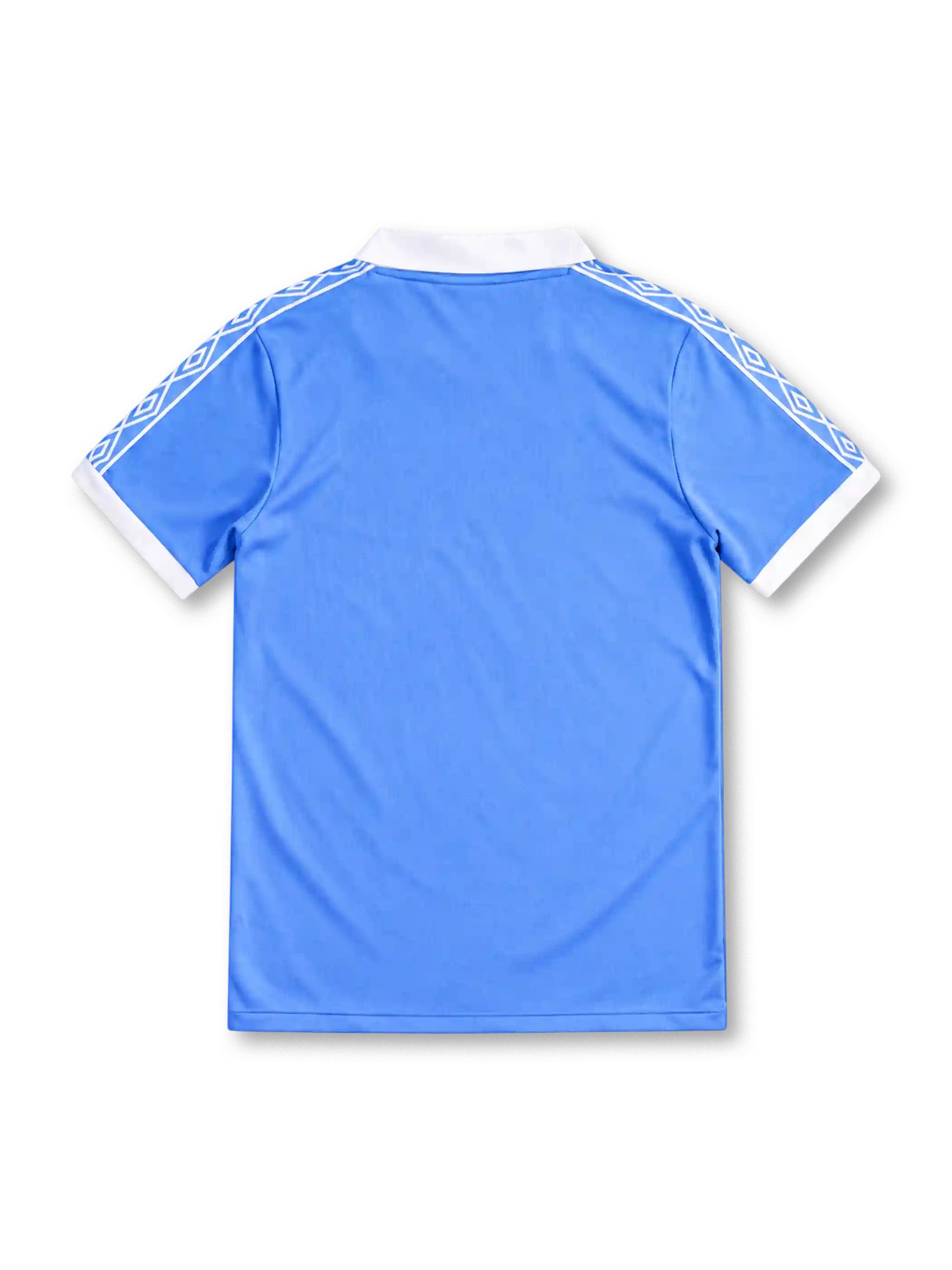Manchester City 1981/82 sky-blue home jersey featuring a white polo collar, Umbro logo, geometric shoulder stripes, and Wembley 1981 commemorative crest, front view.