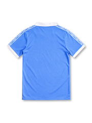 Manchester City 1981/82 sky-blue home jersey featuring a white polo collar, Umbro logo, geometric shoulder stripes, and Wembley 1981 commemorative crest, front view.