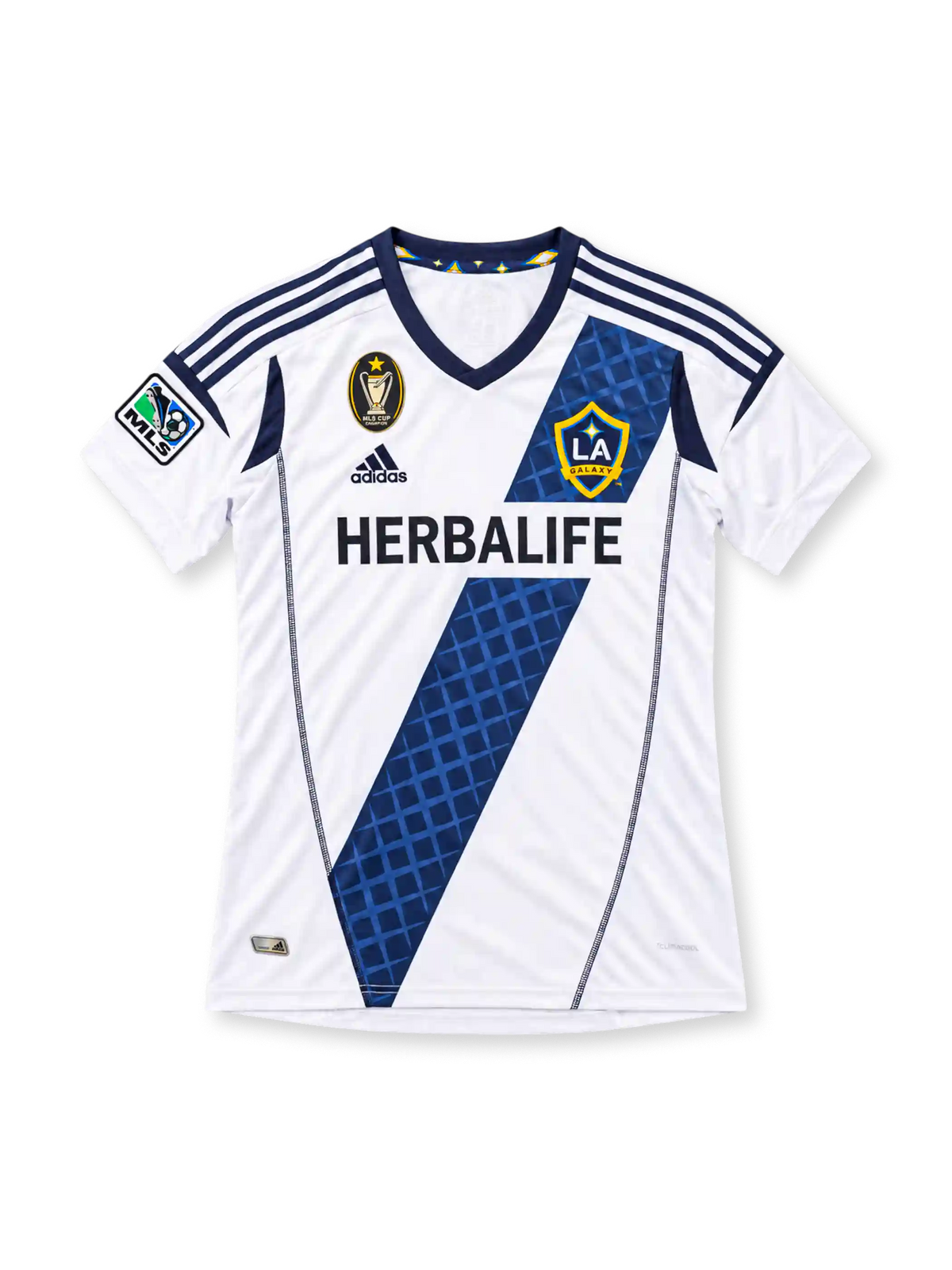 LA Galaxy 2012 white home jersey featuring a patterned navy diagonal sash, adidas logo, Herbalife sponsor, club crest, and MLS champions emblem, front view.