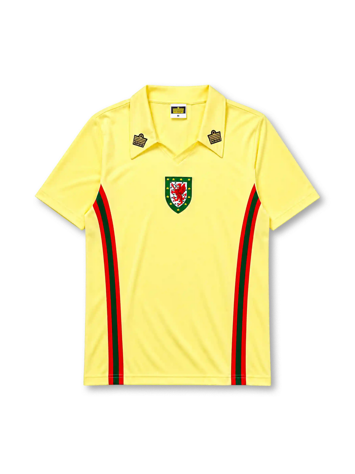 Wales 1976-79 away jersey in yellow with green and red side stripes and dual shoulder badges