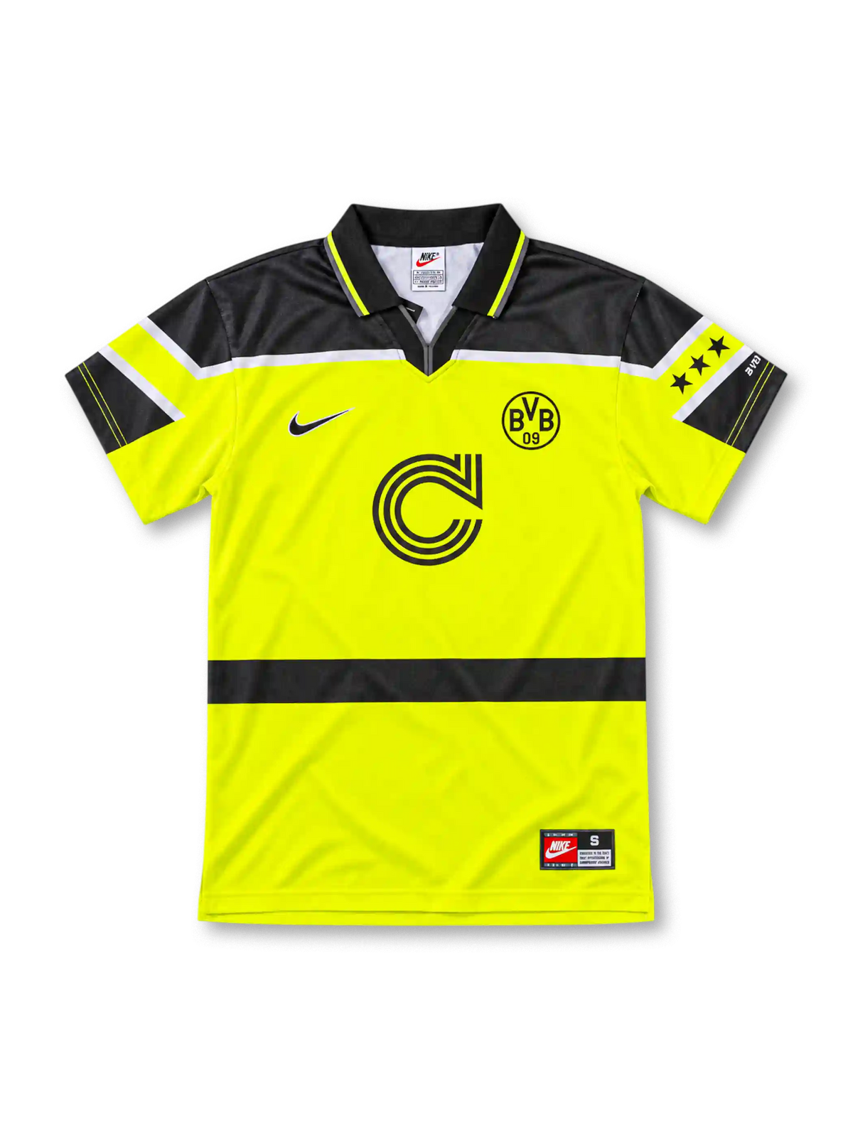 Borussia Dortmund 1996/97 Champions League home jersey in neon yellow with black shoulder panels, Nike logo, BVB 09 crest, and Continentale sponsor, front view.