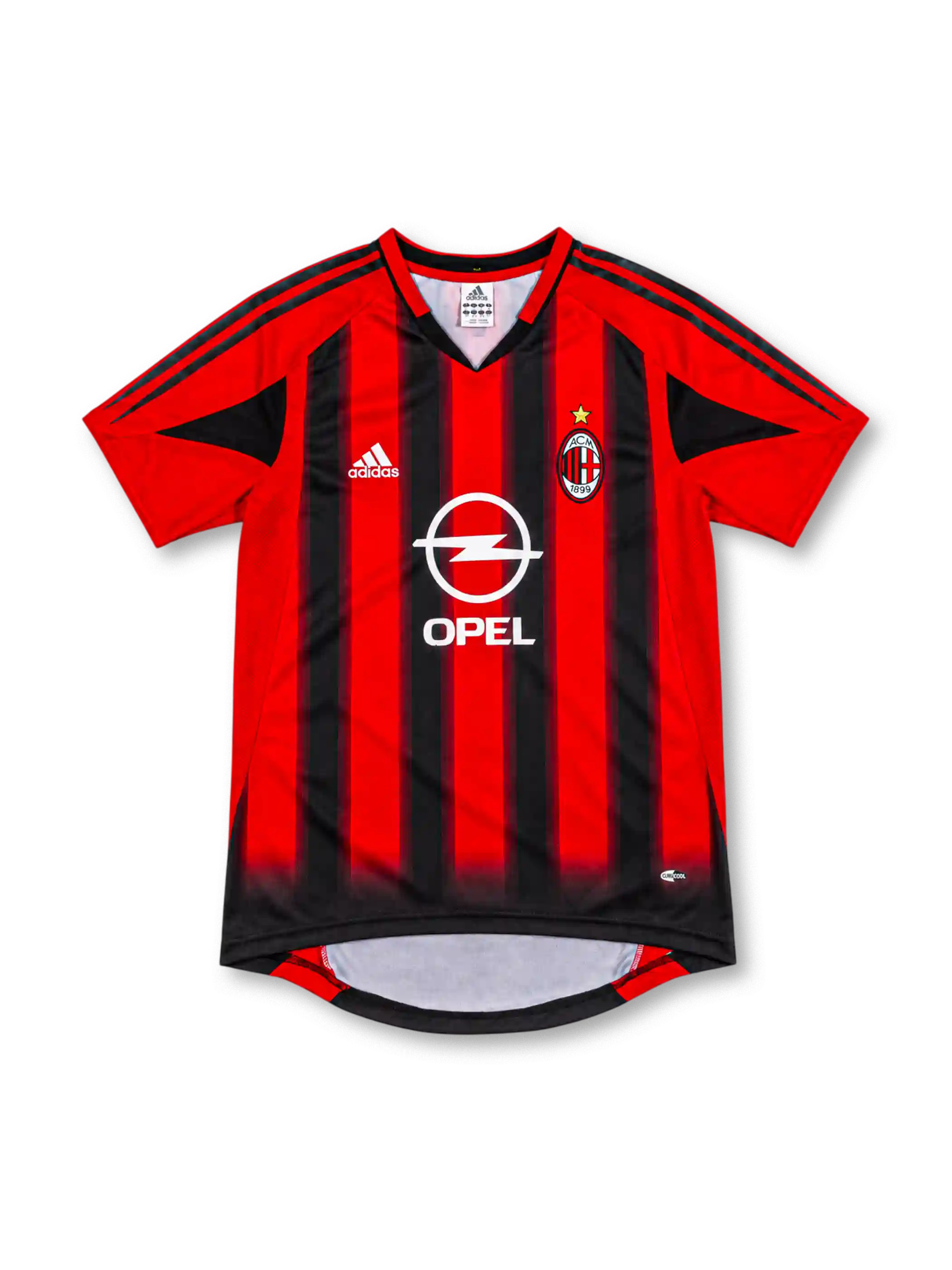 AC Milan 2004/05 home jersey with red-and-black vertical stripes, adidas logo, Opel sponsor, club crest, and gold star, front view.