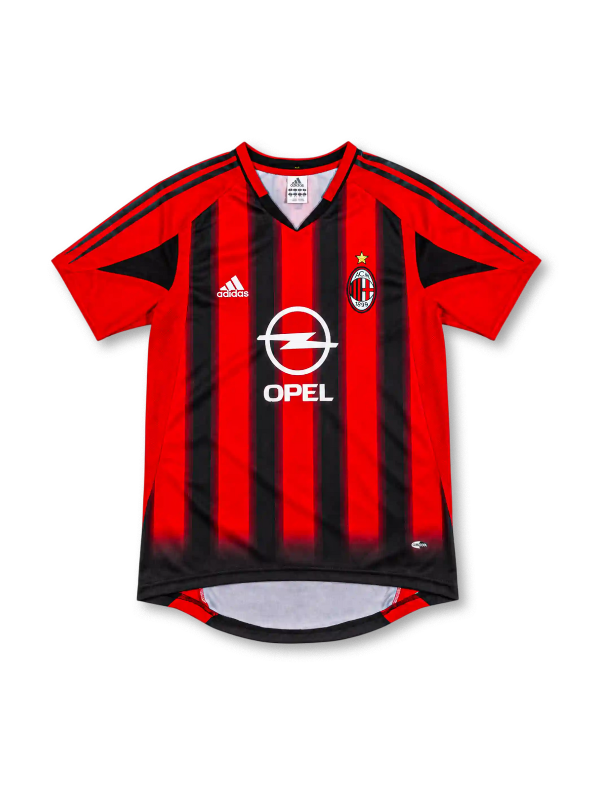 AC Milan 2004/05 home jersey with red-and-black vertical stripes, adidas logo, Opel sponsor, club crest, and gold star, front view.