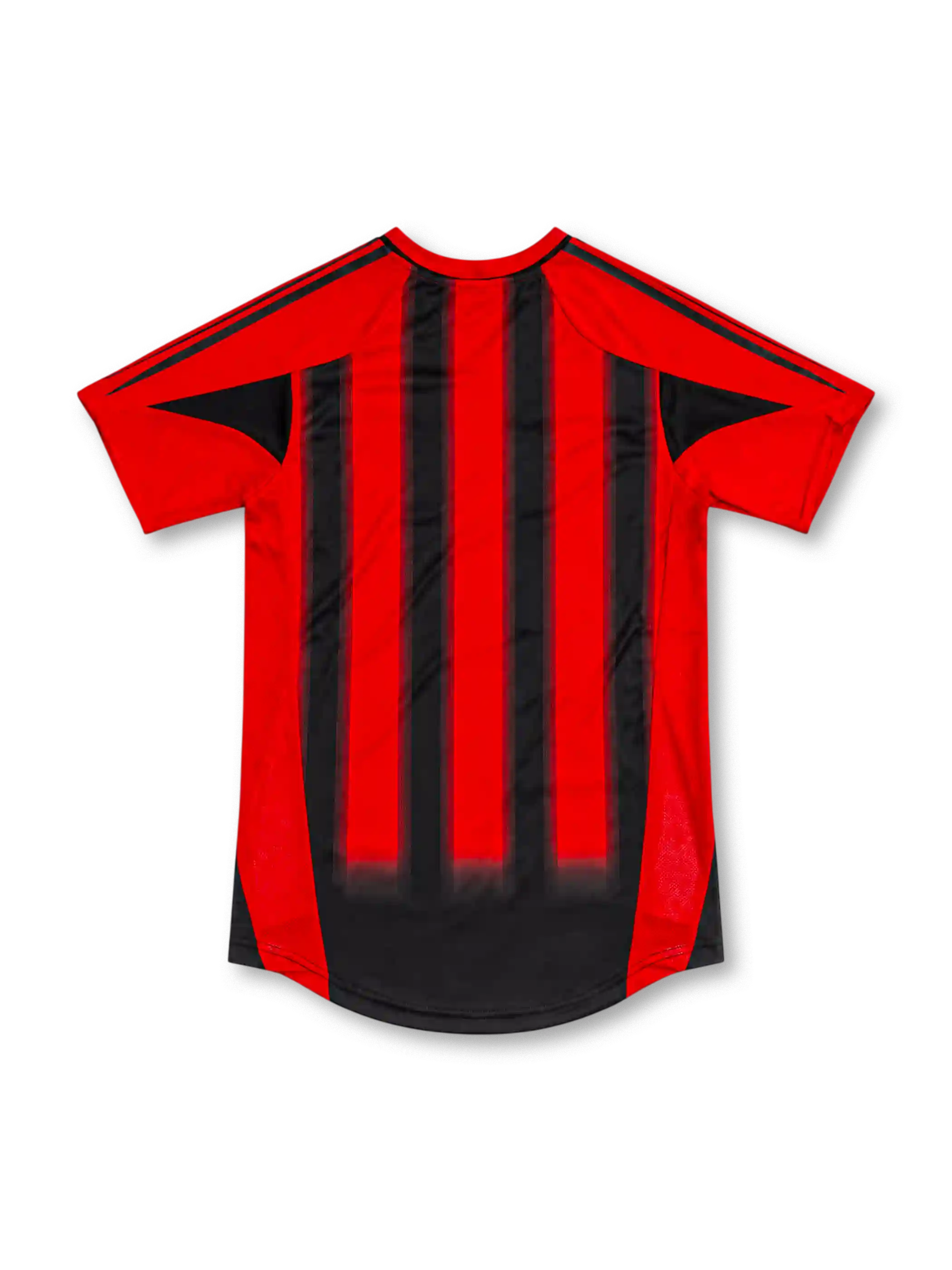 AC Milan 2004/05 home jersey with red-and-black vertical stripes, adidas logo, Opel sponsor, club crest, and gold star, front view.