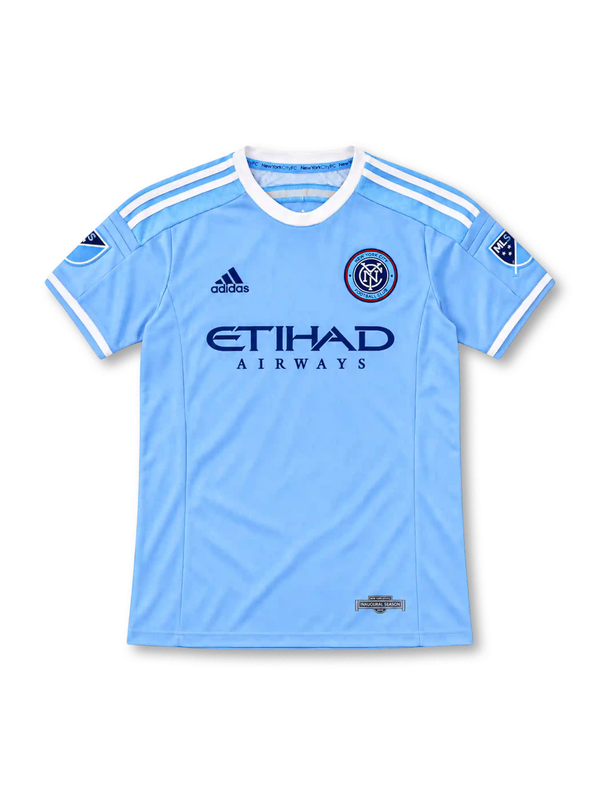 New York City FC 2015 sky-blue home jersey with white adidas shoulder stripes, Etihad Airways sponsor, NYCFC crest, MLS sleeve patches, and inaugural season label, front view.