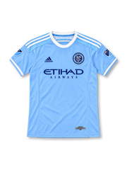New York City FC 2015 sky-blue home jersey with white adidas shoulder stripes, Etihad Airways sponsor, NYCFC crest, MLS sleeve patches, and inaugural season label, front view.