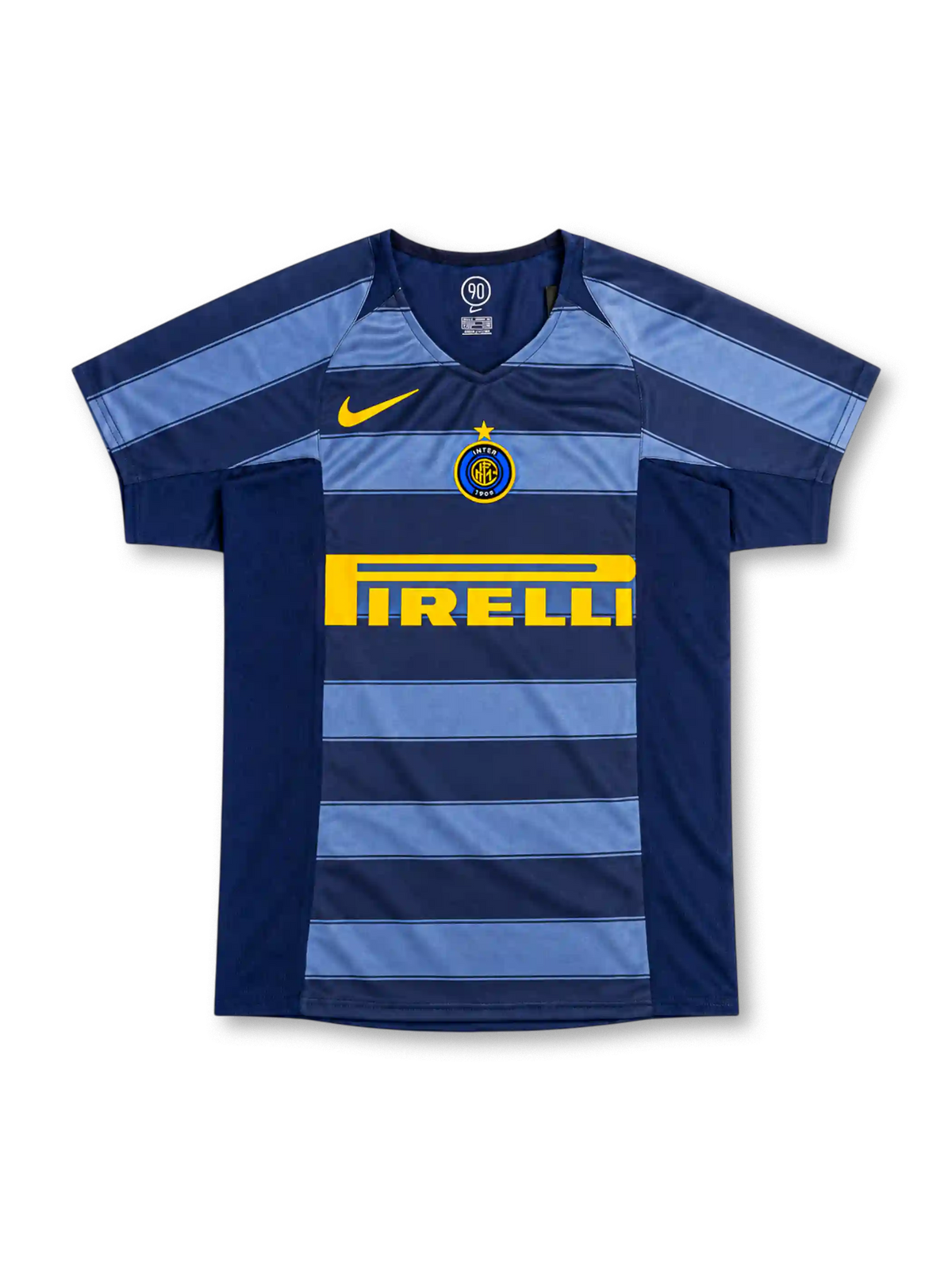 Inter Milan 2004/05 third jersey featuring navy and light blue horizontal stripes, yellow Nike Swoosh, central club crest, and Pirelli sponsor, front view.
