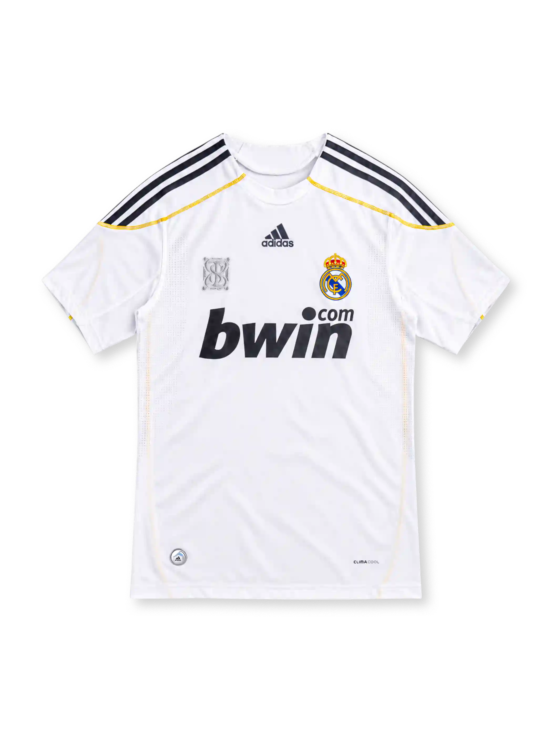 Real Madrid 2009/10 white home jersey with navy adidas stripes, gold trim, club crest and black bwin.com sponsor.