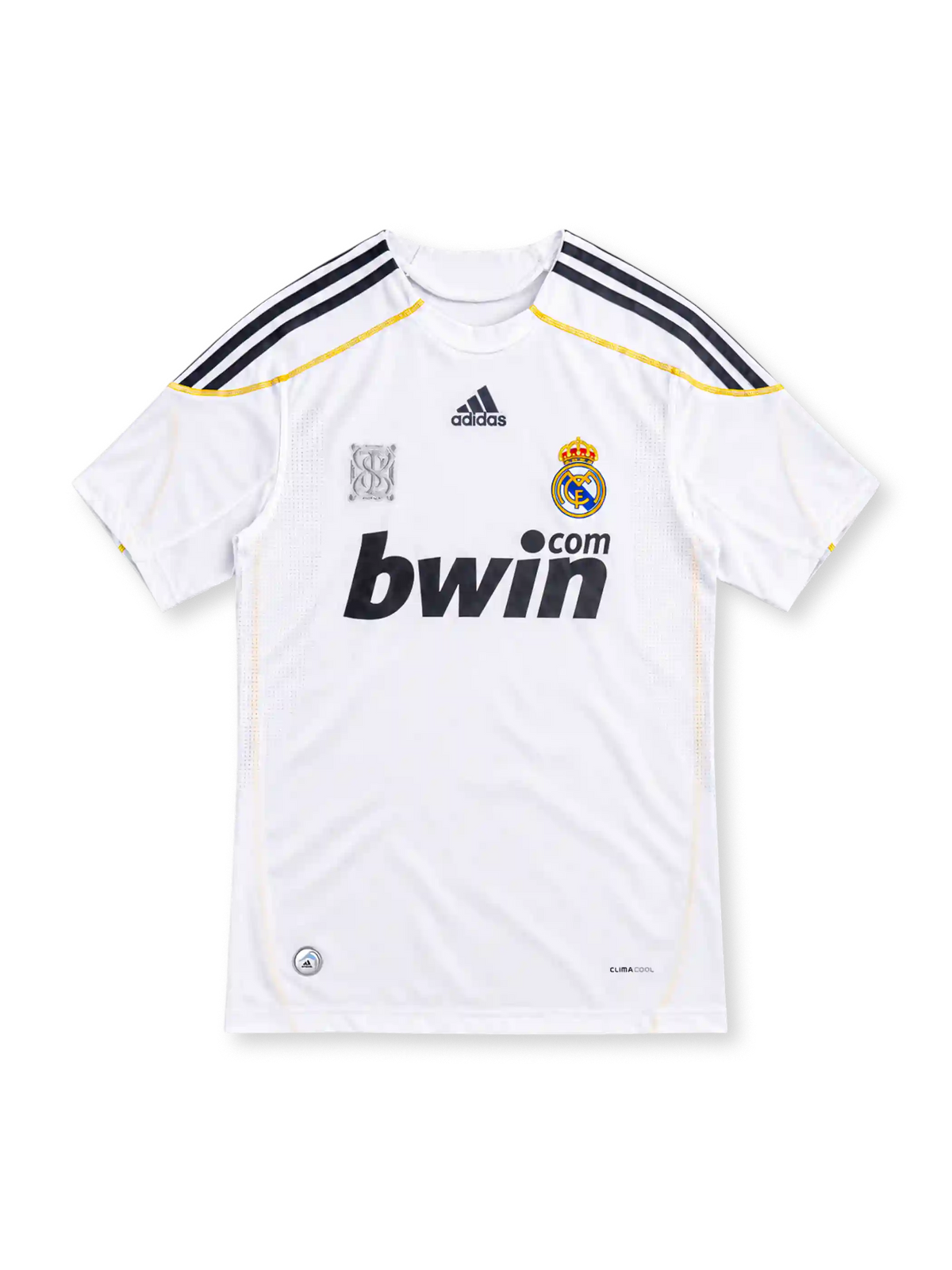 Real Madrid 2009/10 white home jersey with navy adidas stripes, gold trim, club crest and black bwin.com sponsor.