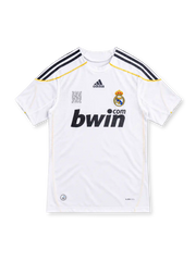 Real Madrid 2009/10 white home jersey with navy adidas stripes, gold trim, club crest and black bwin.com sponsor.